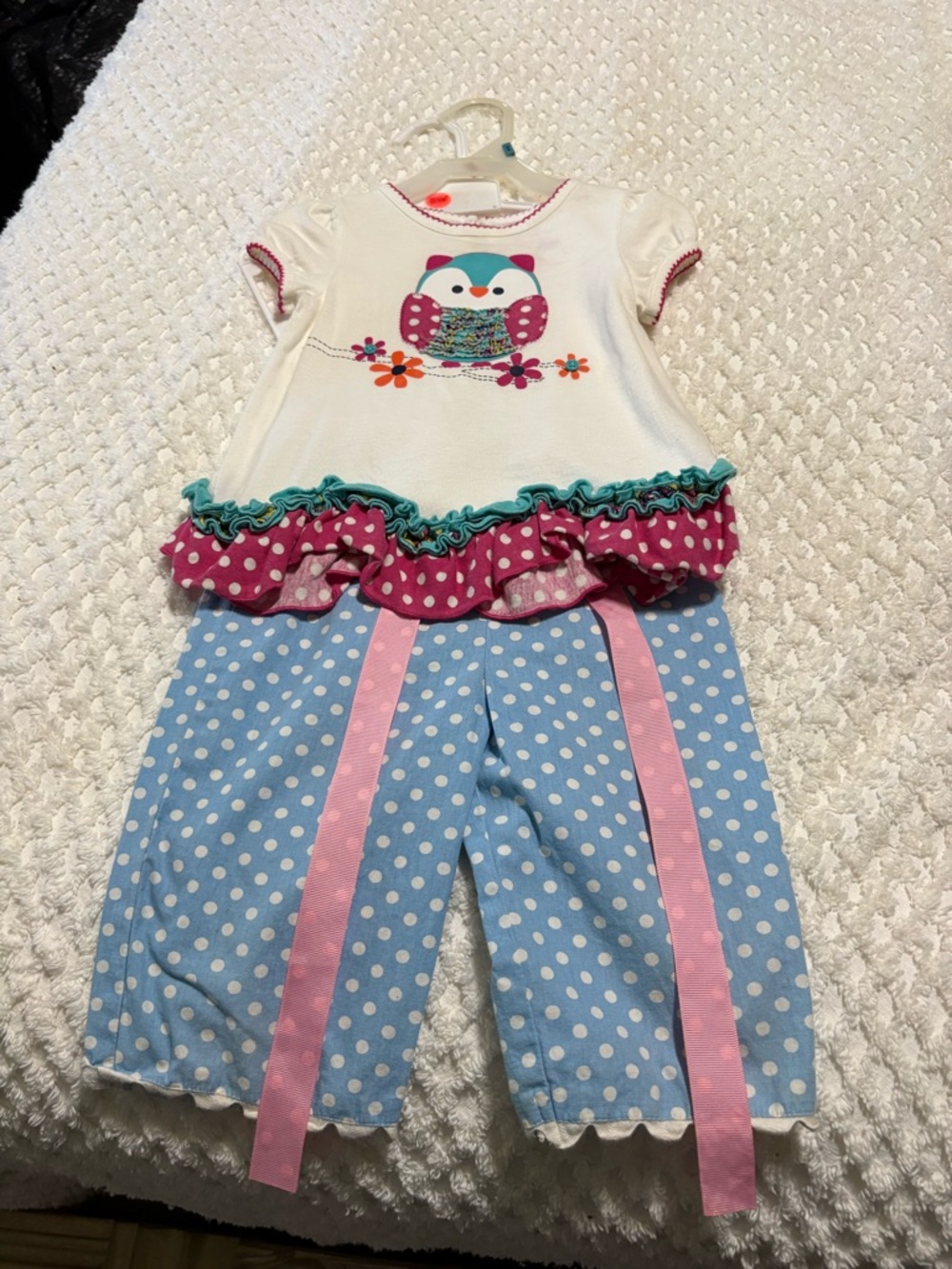Nursery Rhyme White Top & Blue Polka Dot Pajama Set with Pink Accents
